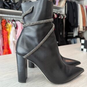 Rene Caovilla Black Heeled Boots with Silver Accents
